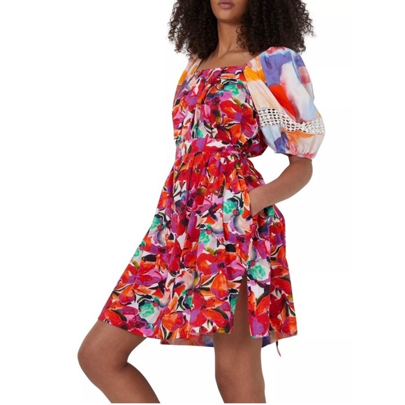 French Connection Isadora Patch Poplin Dress‎ Mini Puff Sleeve Size Medium NWT - Picture 1 of 13